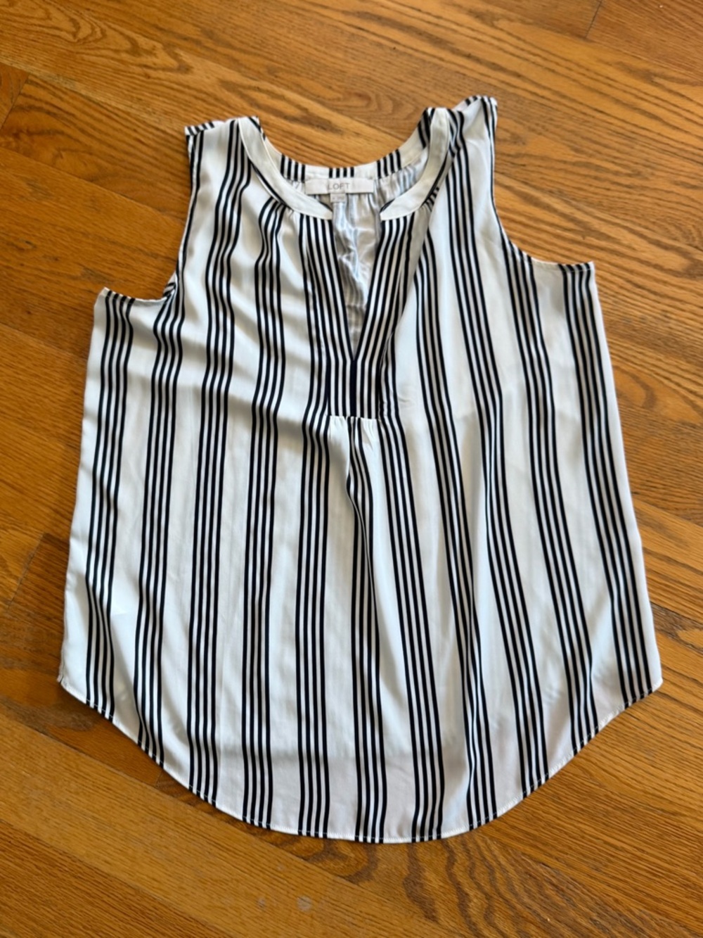LOFT Black and White Vertical Stripe Sleeveless V-Neck Top
